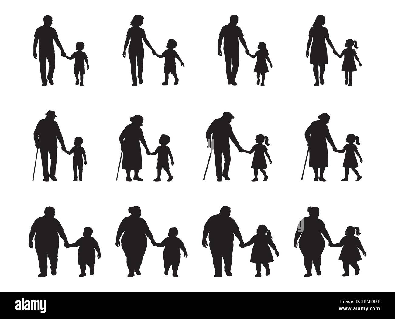 Ensemble de silhouettes d'adultes d'âges différents avec des enfants marchant main dans la main isolé sur fond blanc. concept de générations familiales, garde d'enfants, relation parent-enfant, marche ensemble. Illustration de Vecteur