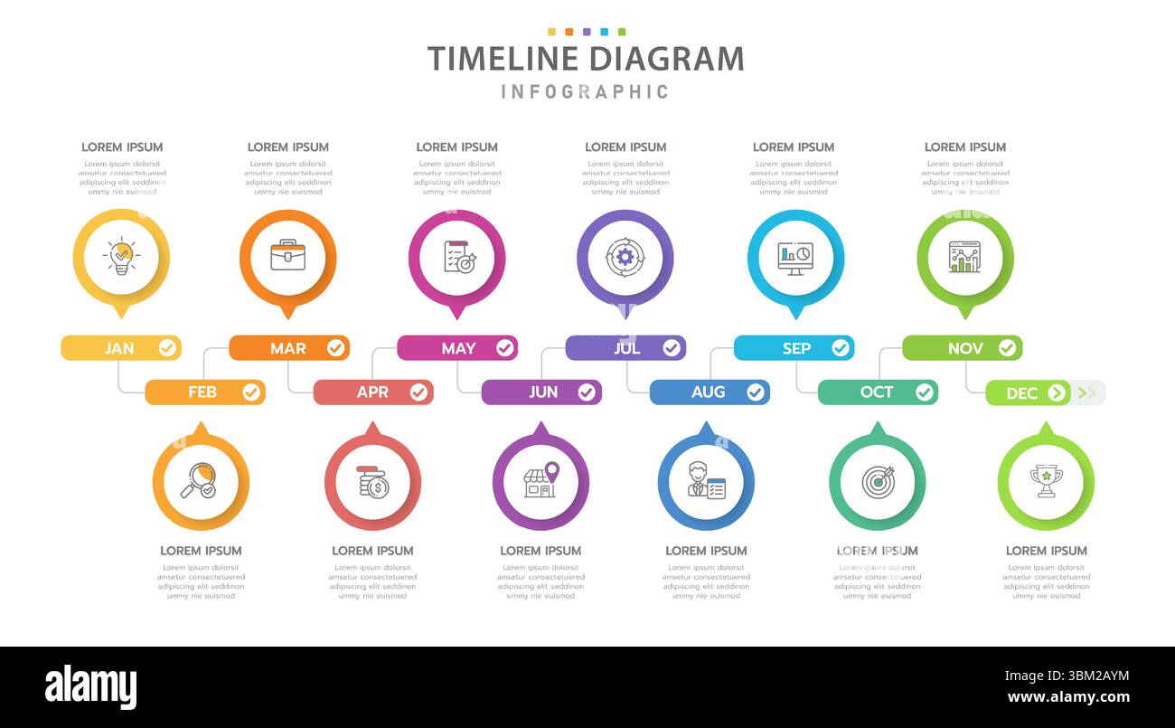 Modèle d'infographie pour les entreprises. Calendrier des diagrammes de la chronologie moderne de 12 mois, infographie des vecteurs de présentation. Illustration de Vecteur
