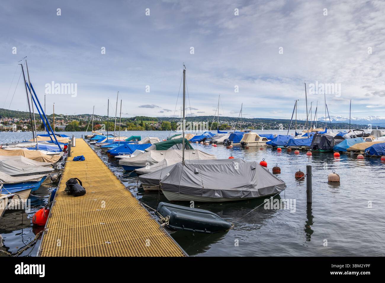 Port de plaisance avec voiliers et bateaux à moteur sur le lac de Zurich (Zurichsee) à Zurich, Suisse. Banque D'Images
