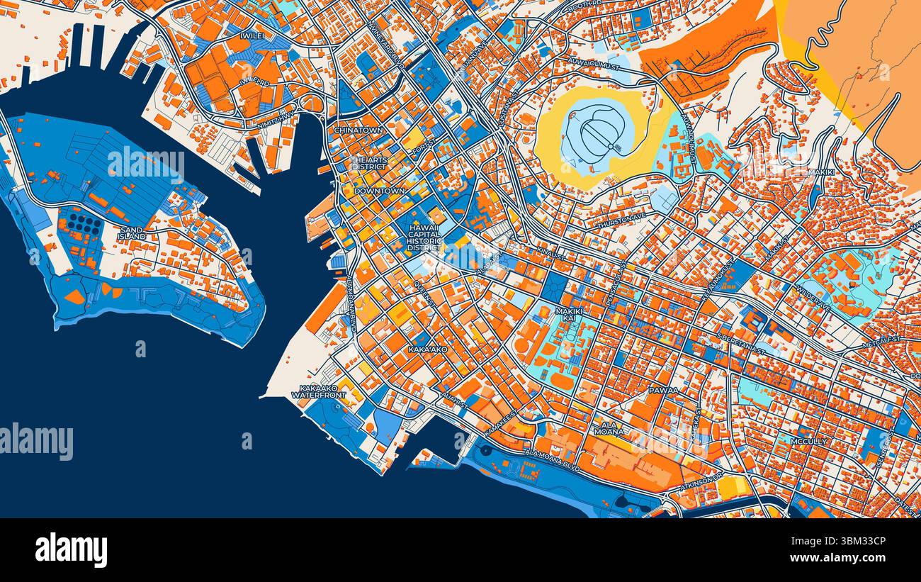 Carte artistique colorée de Honolulu avec des étiquettes et des bâtiments avec de nombreux détails pour les routes urbaines, les chemins et les disctricts. Banque D'Images