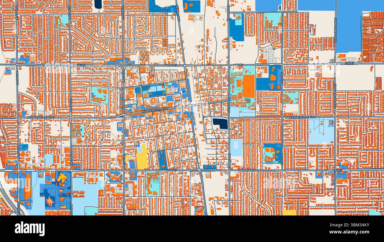 Carte d'art colorée de Lancaster avec des étiquettes et des bâtiments avec de nombreux détails pour les routes urbaines, les chemins et les disctricts. Banque D'Images