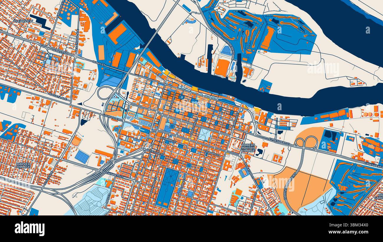 Carte artistique colorée de Savannah avec des étiquettes et des bâtiments avec de nombreux détails pour les routes urbaines, les chemins et les disctricts. Banque D'Images