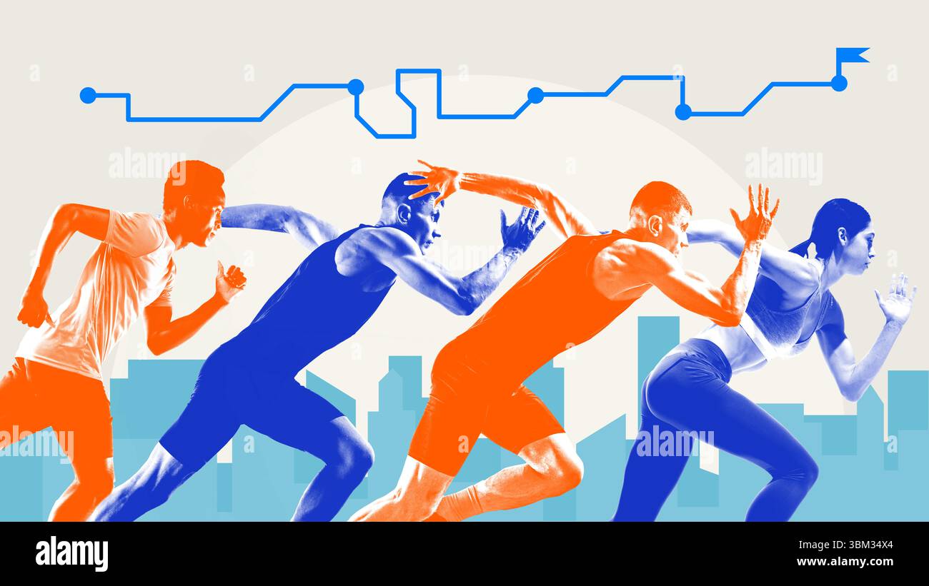 Marathon chaque pas compte. Élan vers la ligne d'arrivée, poussée collective. Affiches d'événement Banque D'Images
