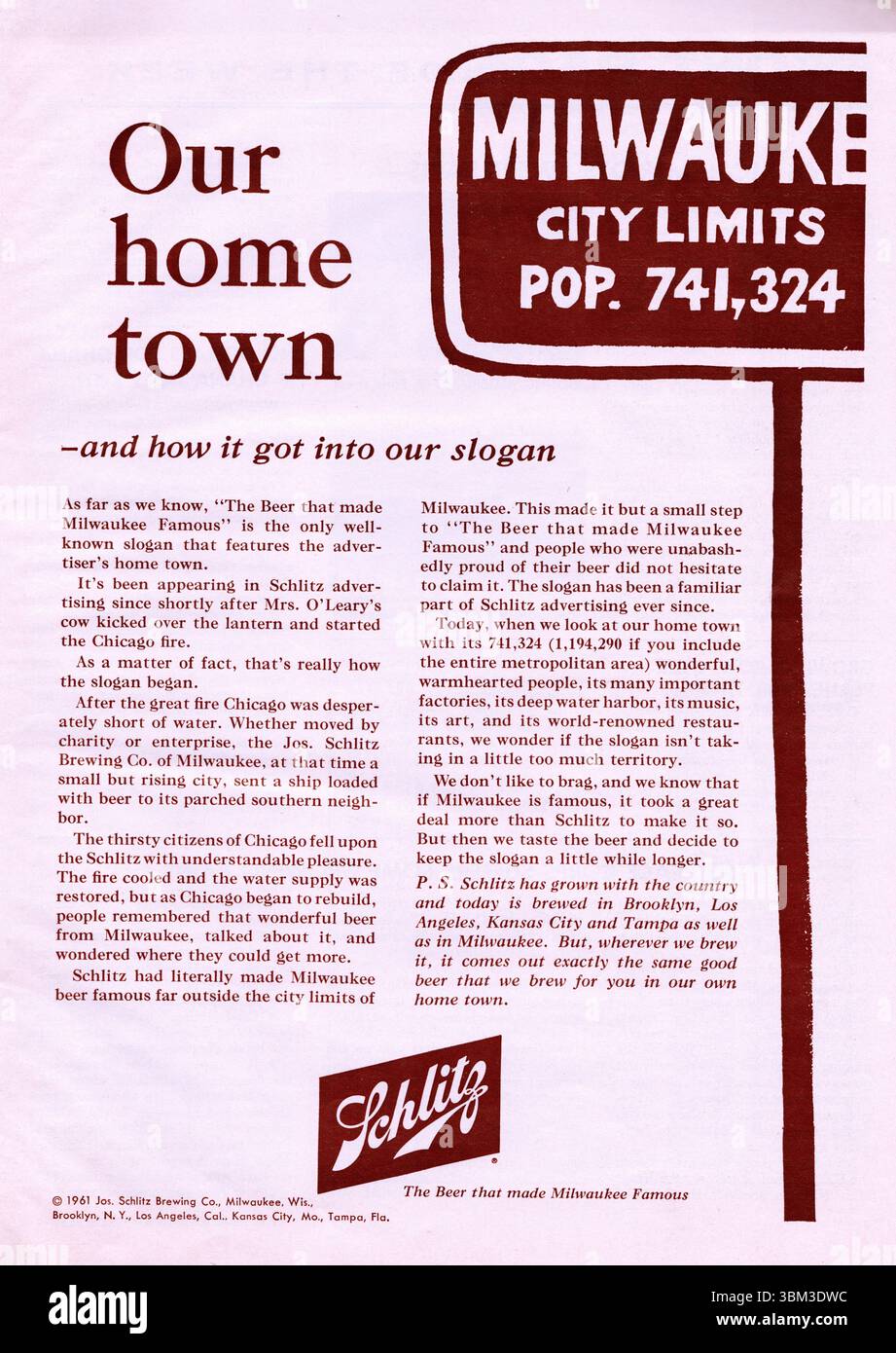 JO. Schlitz Brewing Co. Milwaukee ; affiche publicitaire Schlitz 1962 ; la bière qui a rendu Milwaukee célèbre Banque D'Images