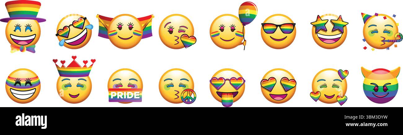 Emojis ronds jaunes sur le thème LGBT avec différentes expressions faciales : heureux, méchant, amoureux, faire la fête, rire, et le mal Illustration de Vecteur