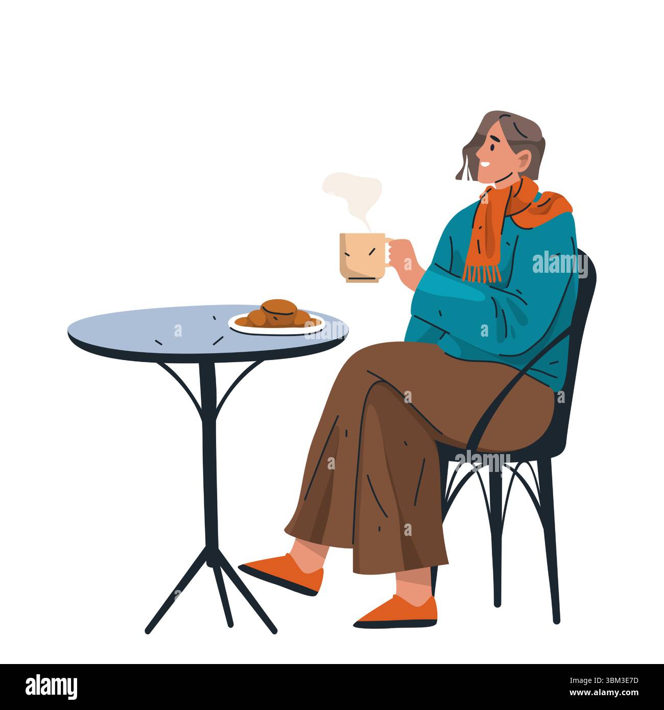 Scène de petit déjeuner français avec femme boire une boisson chaude. Signe de brunch parisien vecteur avec biscuit ou croissant et tasse de café ou de thé à la vapeur. Repas du matin avec pâtisserie et boisson. Bistrot ou café de Paris. Illustration de Vecteur
