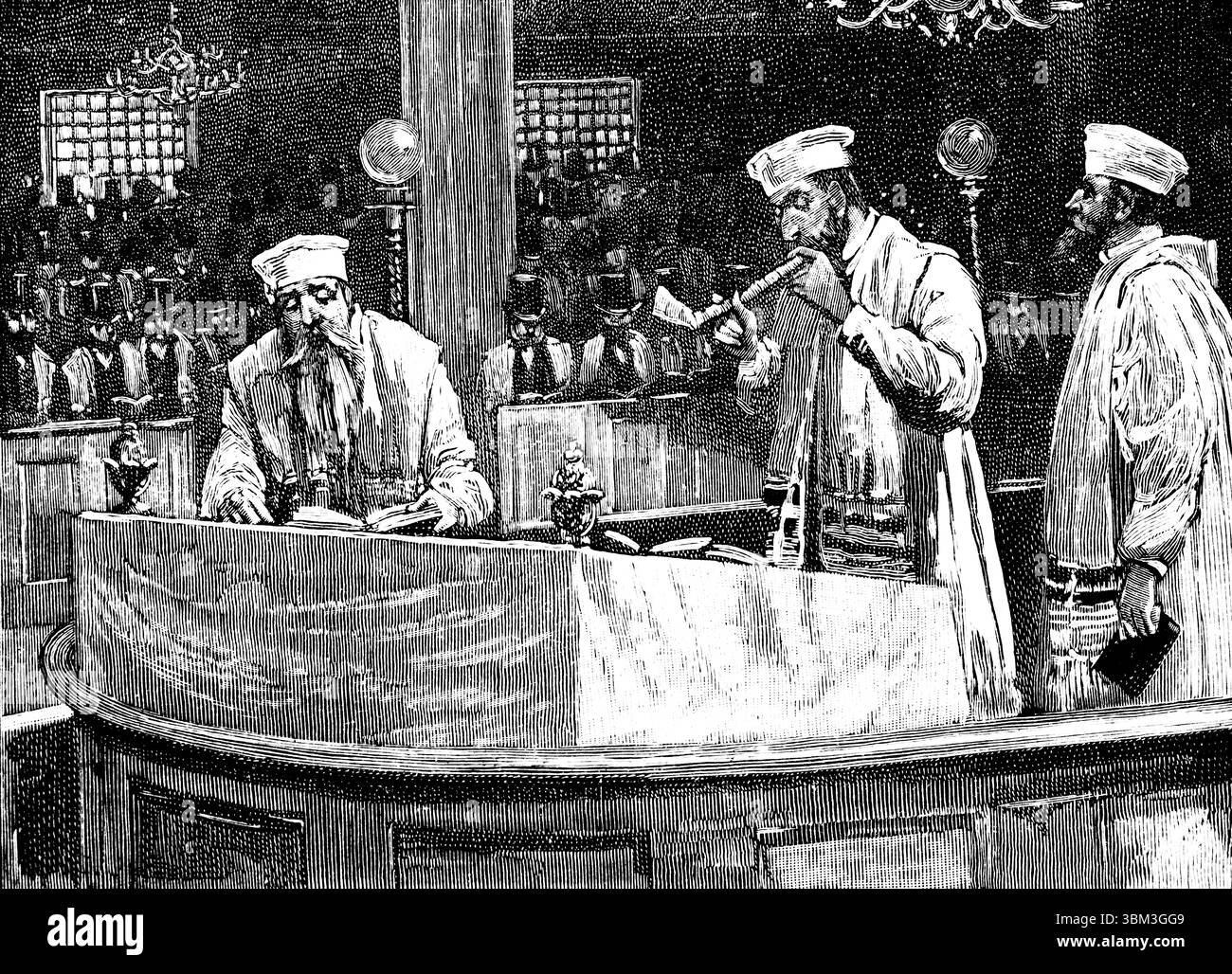 Religion, rabbins dirigeant un service dans une synagogue, illustration au trait gravé, de 1892 The Quiver Magazine Banque D'Images