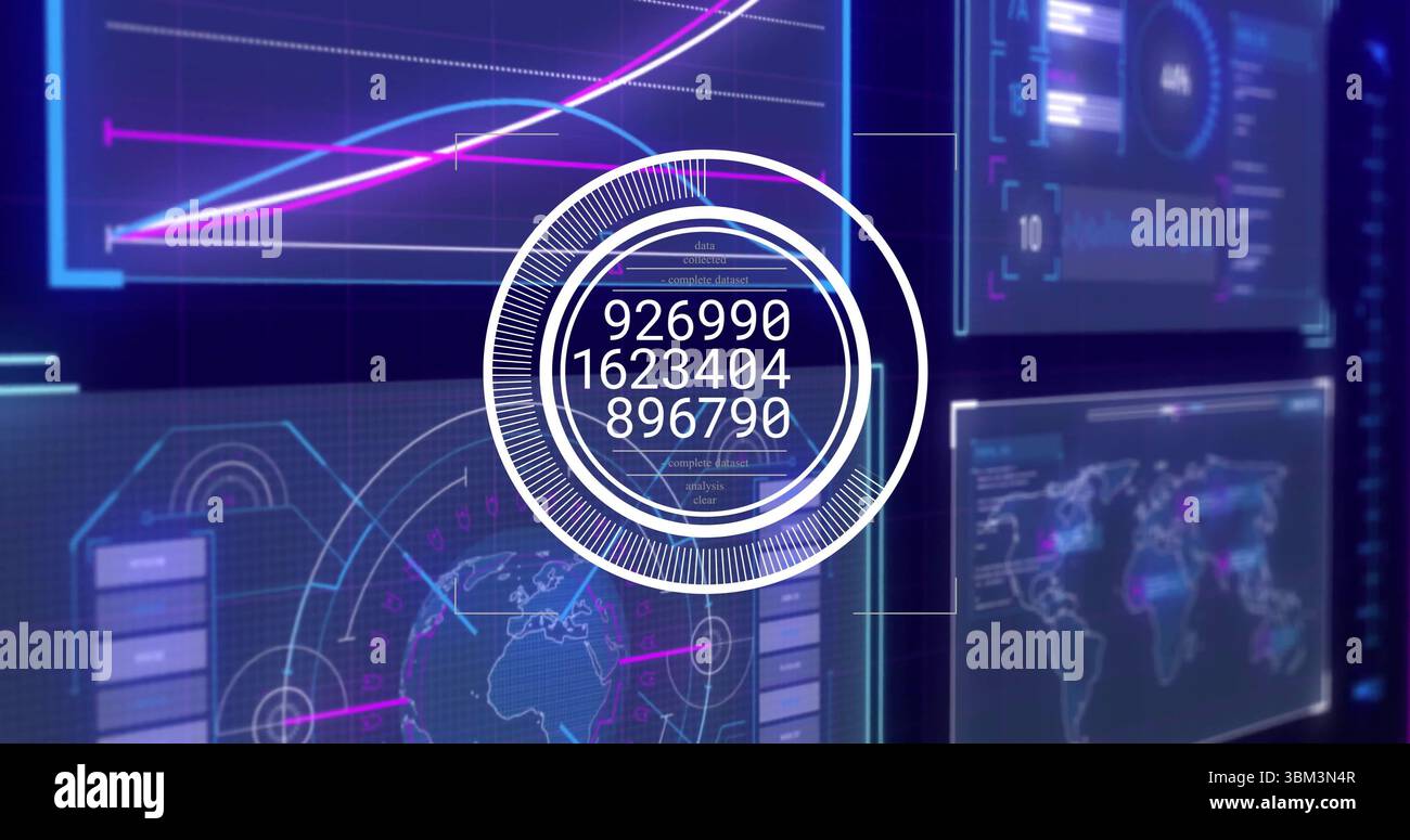Tableau de bord futuriste affichant des panneaux de données flottants dans le centre de contrôle, avec jauge HUD circulaire Banque D'Images