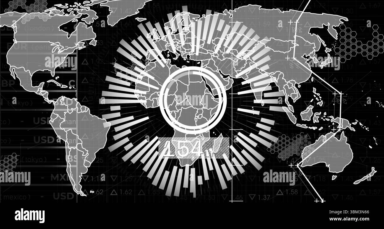 Graphique à barres radial central projetant les données financières africaines sur la carte du monde à l'écran, avec des lignes fléchées Banque D'Images
