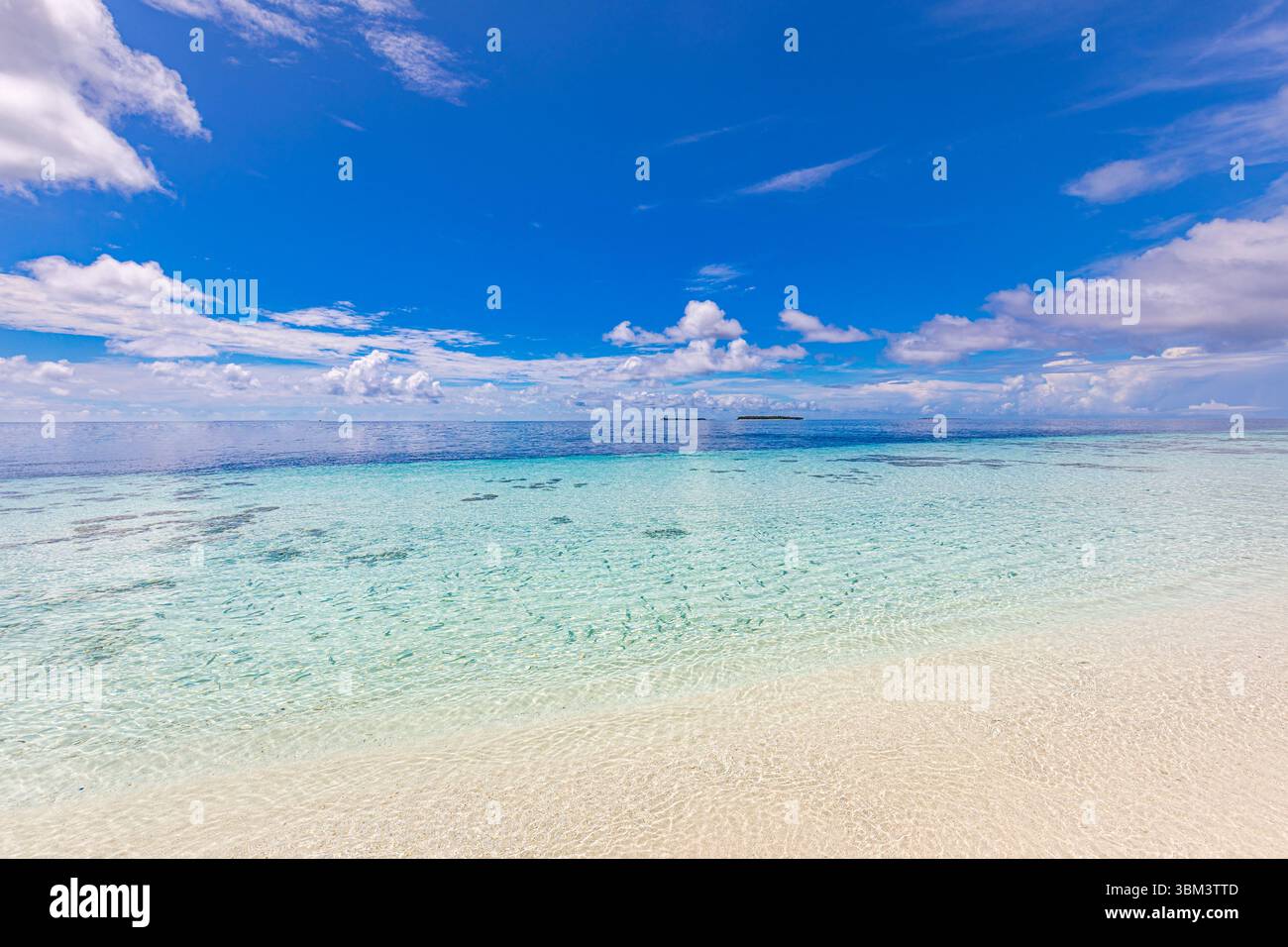 Vue rapprochée de la belle plage tropicale ensoleillée avec du sable doux, mer calme, ciel bleu et horizon clair, paysage marin d'été relaxant avec des vacances paisibles Banque D'Images