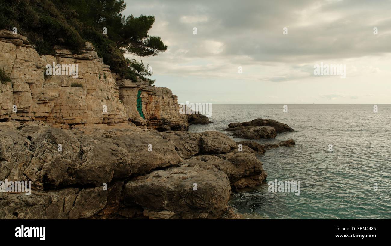 Falaises côtières pittoresques avec des formations calcaires en couches et des pins au-dessus de la mer Adriatique calme. Paysage marin naturel dans des tons chauds de coucher de soleil. Banque D'Images