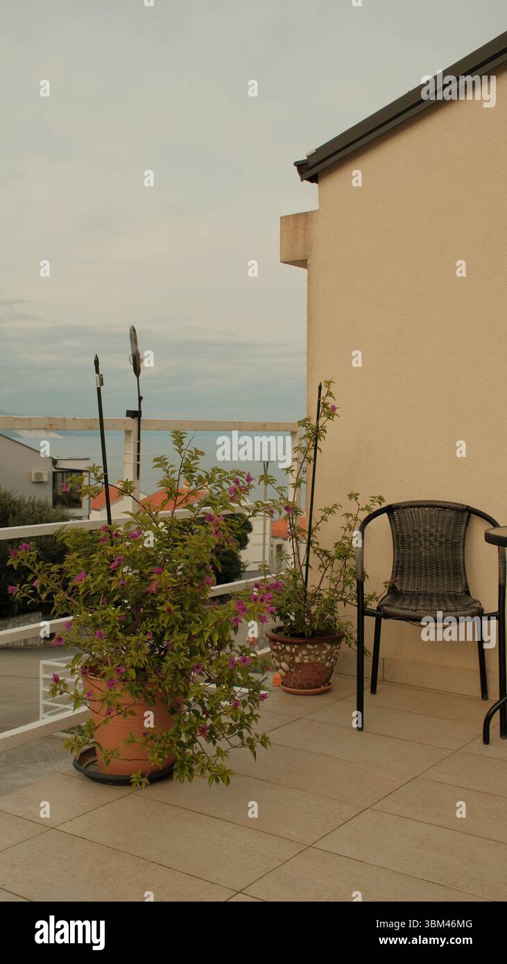 Un balcon modeste capture le charme tranquille de la vie méditerranéenne, avec deux pots en terre cuite remplis de fleurs violettes en fleurs. Banque D'Images