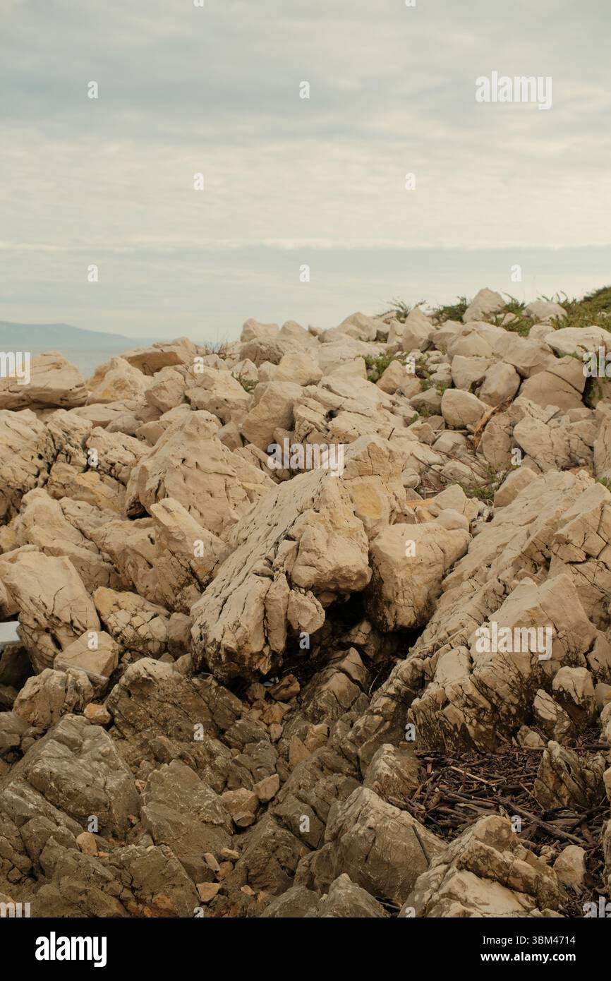 Rochers côtiers déchiquetés sous un ciel couvert par la mer Adriatique. Les tons terreux et les textures de pierre fracturée dominent le premier plan. Banque D'Images