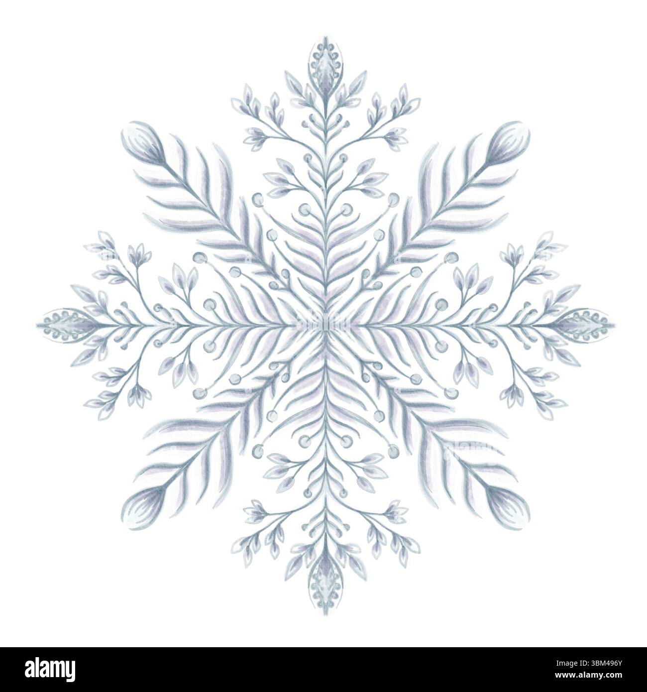 Flocon de neige aquarelle avec des motifs symétriques délicats rappelant les feuilles et les branches. Style léger et aéré, parfait pour l'hiver et les vacances desig Banque D'Images