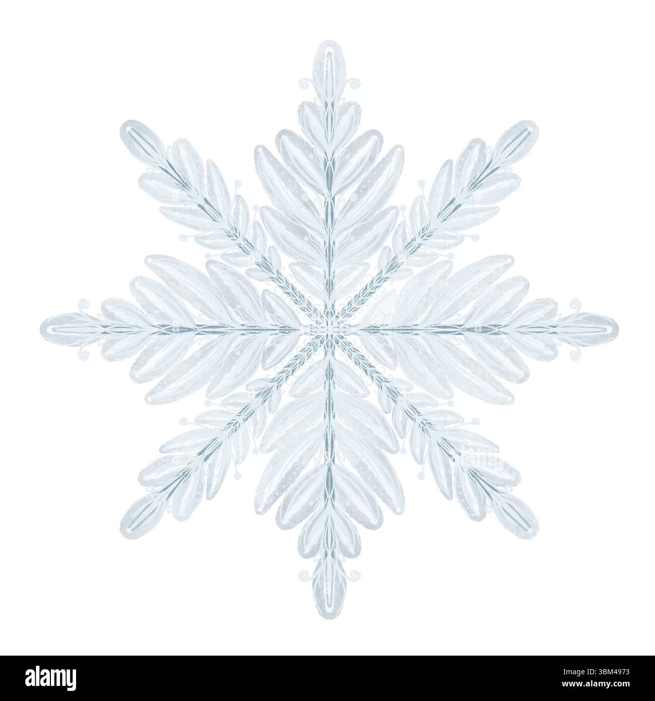 Flocon de neige aquarelle avec des motifs symétriques délicats rappelant les feuilles et les branches. Style léger et aéré, parfait pour l'hiver et les vacances desig Banque D'Images