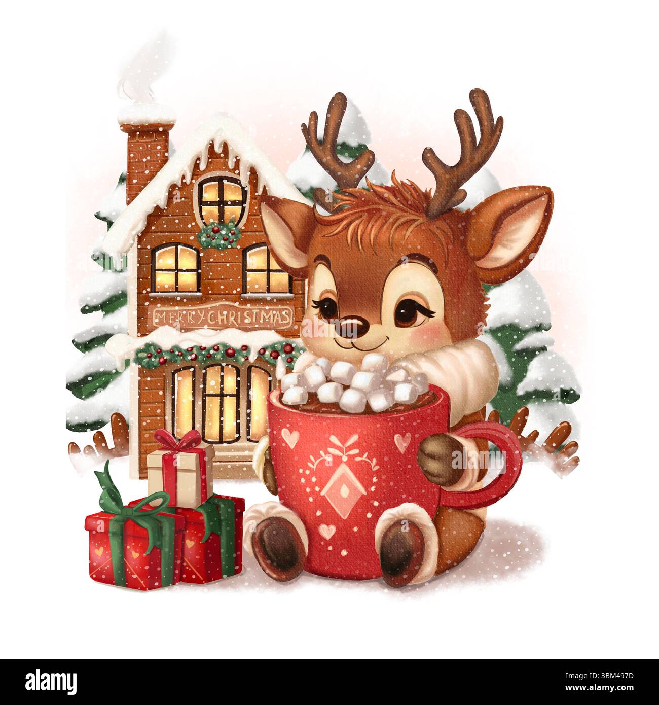 Mignon cerf de Noël dans une écharpe tient une tasse de cacao et de guimauves sur le fond d'une maison décorée et des cadeaux. Banque D'Images