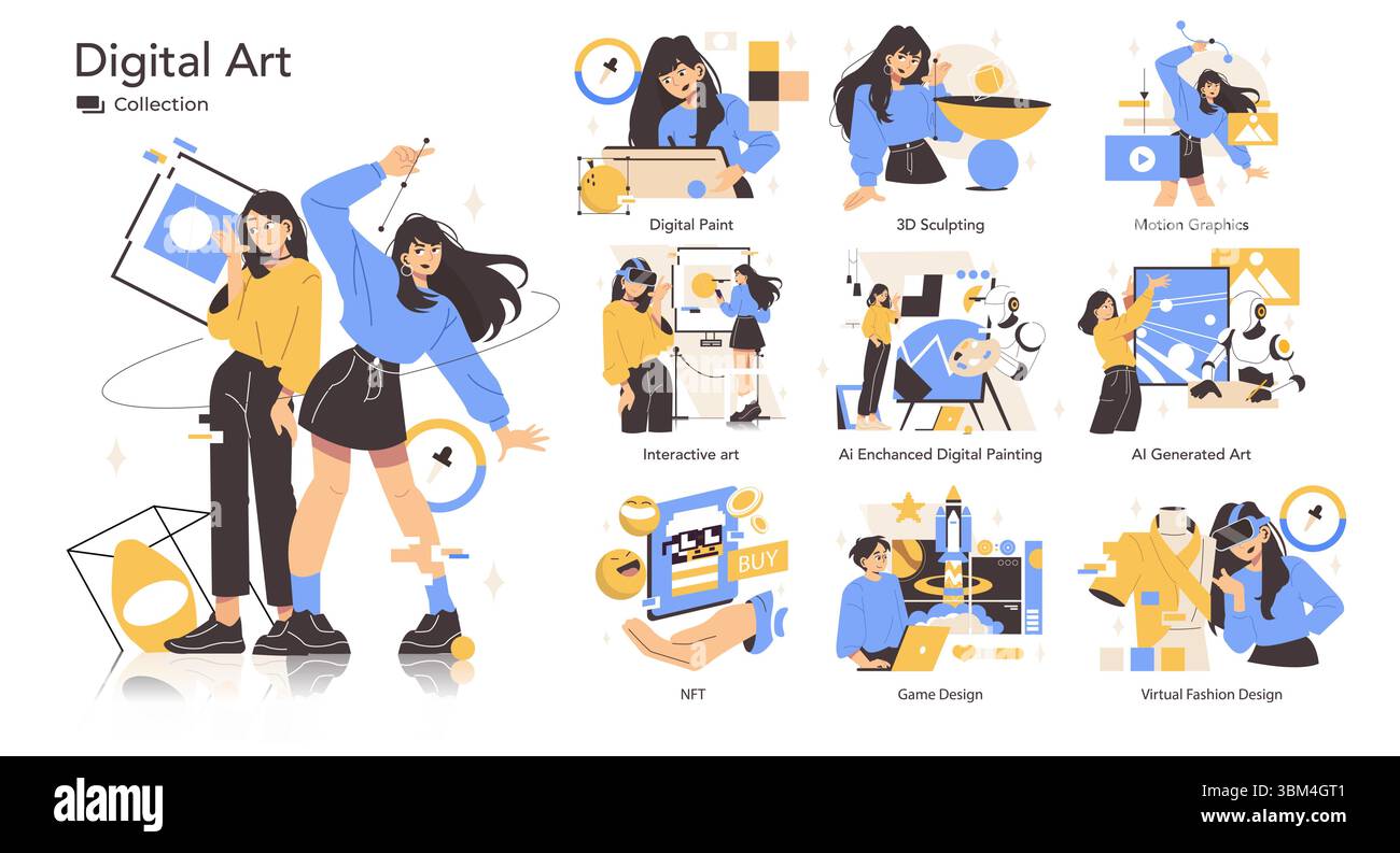 La collection d'art numérique présente diverses activités artistiques comme la peinture, la sculpture et les graphismes animés. L'illustration vectorielle présente un art interactif moderne et un design de mode virtuel. Illustration de Vecteur