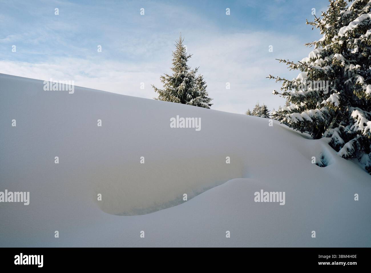 Un toit enneigé d'une ancienne grange des fermes d'été Anfinnseter des collines de Totenaasen, Norvège, en hiver. Banque D'Images