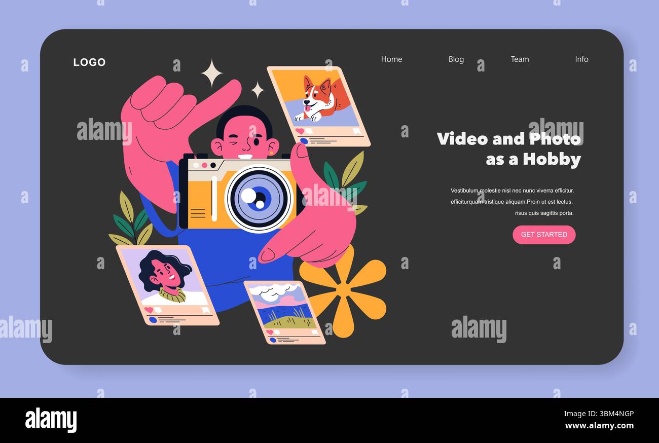 Les loisirs dopaminergiques comme la photographie et la vidéographie encouragent la créativité et l'expression de soi. Participer à ces activités favorise la joie et l'épanouissement, mettant en valeur les moments capturés par un objectif d'appareil photo. Illustration vectorielle. Illustration de Vecteur