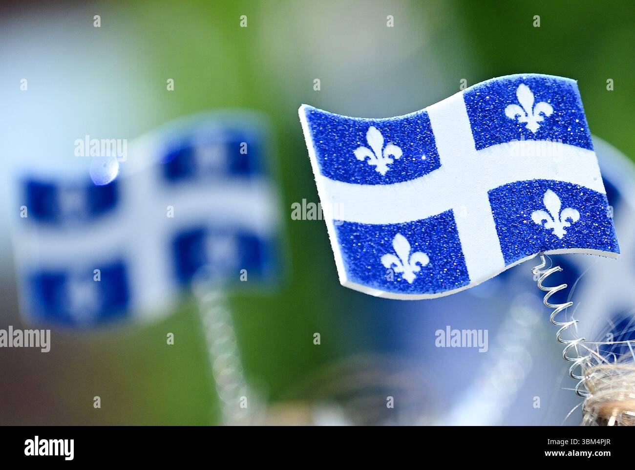 Montréal, Canada. 24 juin 2025. Les gens portent des drapeaux miniatures du Québec dans leurs cheveux lors du défilé de la Saint-Jean-Baptiste à Montréal, le mardi 24 juin 2025. Crédit : la presse canadienne/Alamy Live News Banque D'Images