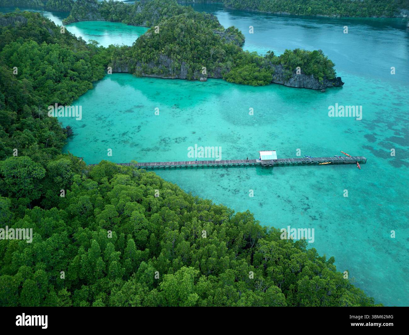 Jetée de Dapunlol, archipel intérieur, Misool, Raja Ampat, Indonésie - aérienne Banque D'Images