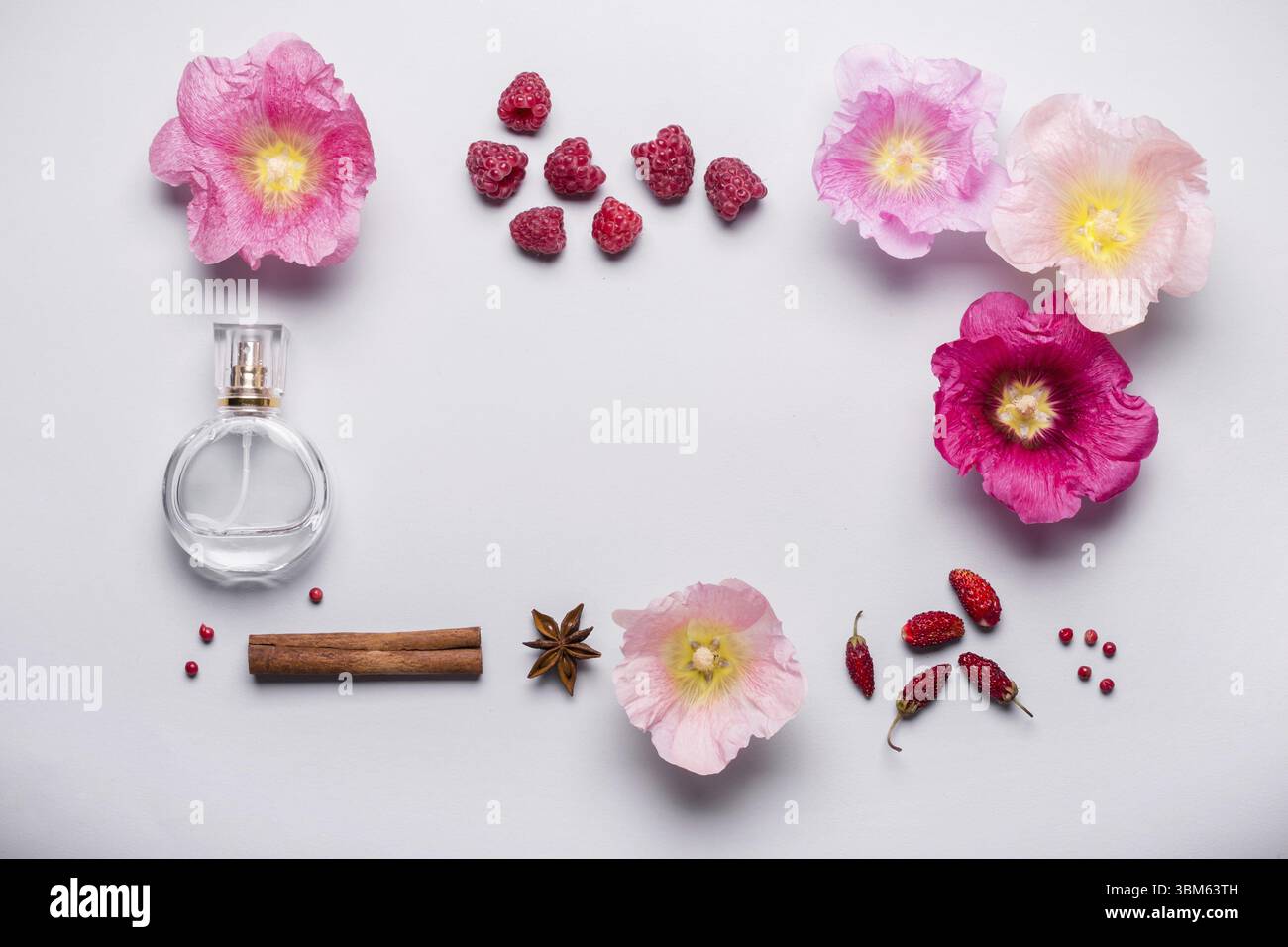 Flacon de parfum et d'ingrédients de parfumerie : fleurs, fruits et épices. Parfum concept Banque D'Images