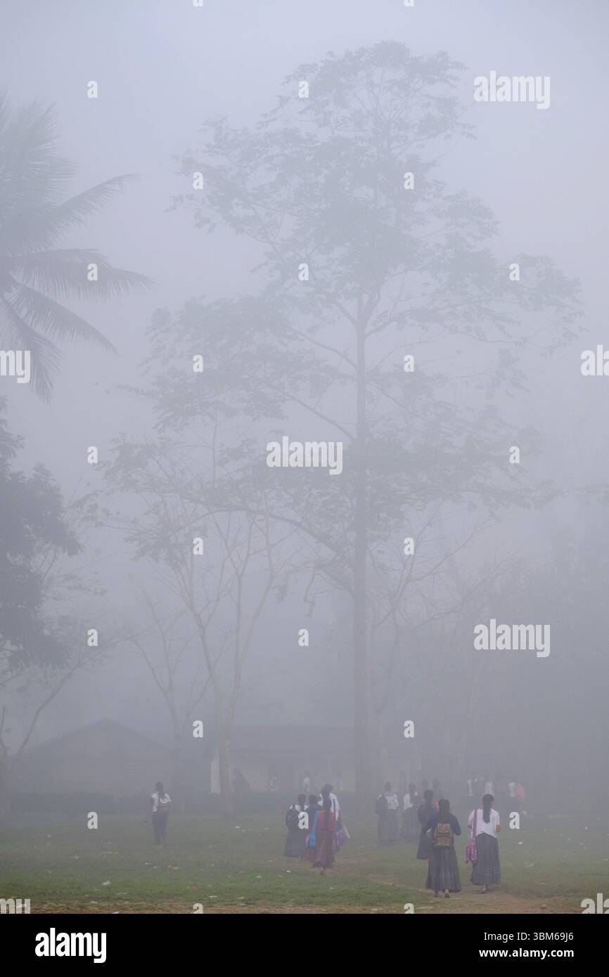 Élèves d'une école religieuse marchant dans le brouillard, la Parroquia, Lancetillo, Zona Reina, Quiche, Guatemala, Amérique centrale Banque D'Images