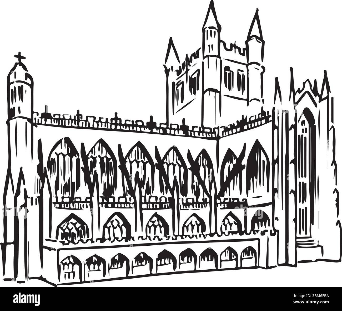Croquis à l'encre dessiné à la main de l'abbaye de Bath. Voyage, histoire, architecture gothique, dessins de monuments britanniques. Illustration simple en noir et blanc isolée. Illustration de Vecteur
