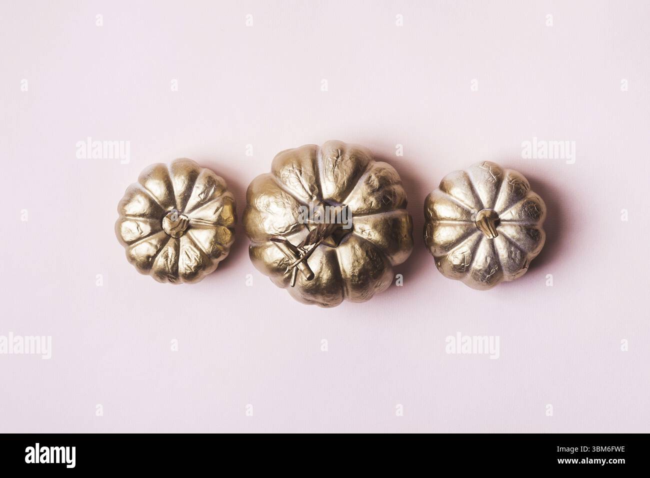 Citrouilles dorées sur fond rose pastel. Concept minimal de vacances d'automne Banque D'Images