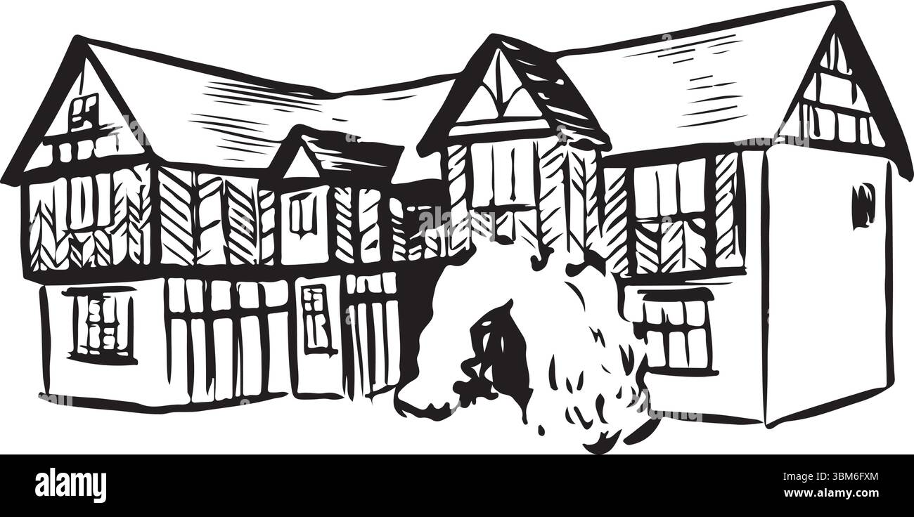 Blakesley Hall, Birmingham, Angleterre croquis à l'encre noire et blanche. Architecture Tudor avec design à ossature de bois et pignons décoratifs. Historique culturel Illustration de Vecteur