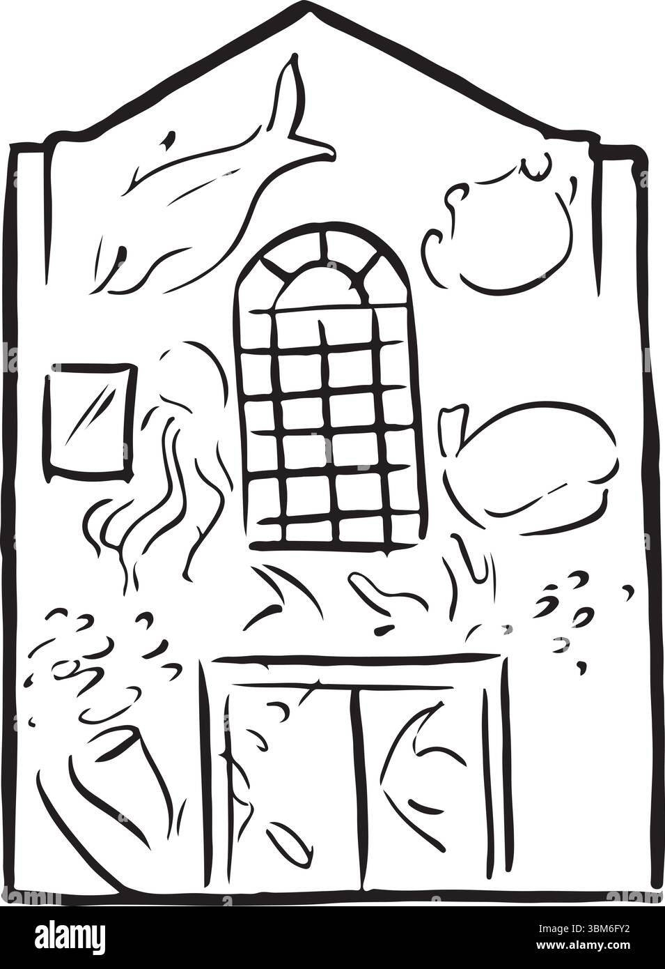 Stokes Croft Facade, Bristol, Angleterre croquis à l'encre noire et blanche. Zone urbaine, art de rue dynamique, architecture éclectique et créativité culturelle. Illustration de Vecteur