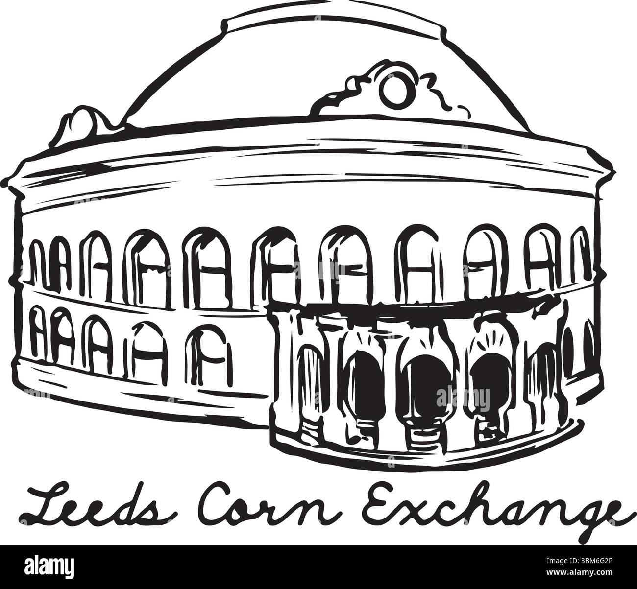 Leeds Corn Exchange bâtiment à Leeds, Angleterre dessin à l'encre. Croquis de maison d'architecture historique. Illustration vectorielle de repère britannique. Art. Architecture Illustration de Vecteur