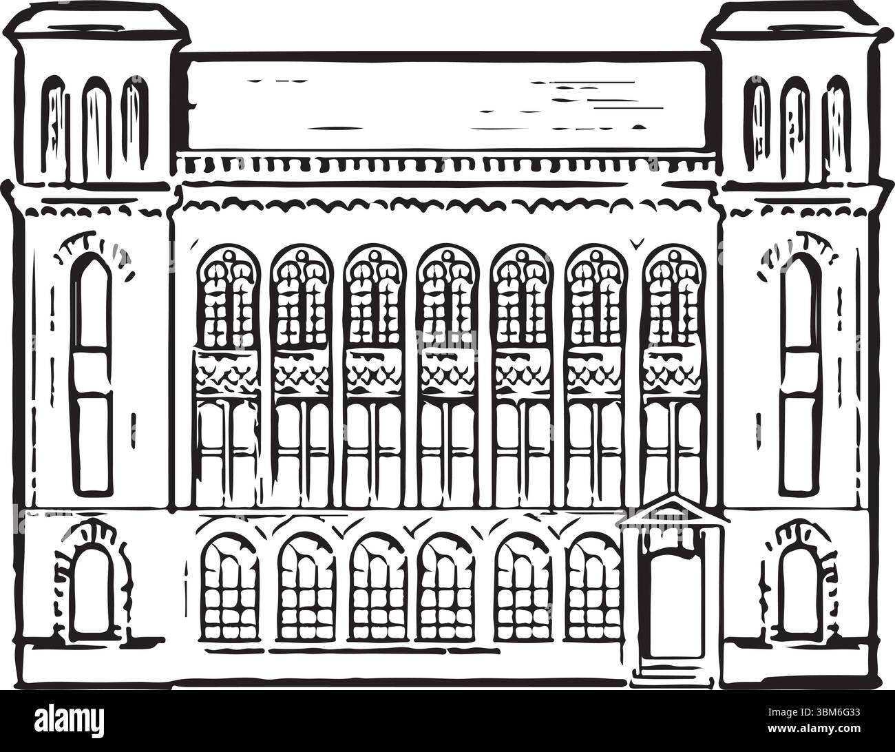 Pen Museum, Birmingham, Angleterre croquis à l'encre noire et blanche. Style victorien. Site historique célébrant le patrimoine de fabrication de stylos de la ville. Sites culturels. Illustration de Vecteur