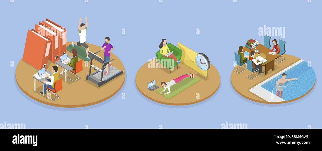 Illustration plate isométrique 3D de bureau moderne, installations de loisirs Banque D'Images