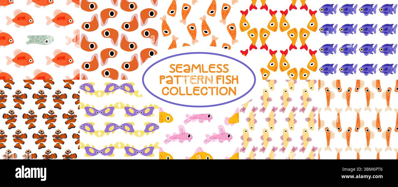 Collection de 10 motifs sans couture avec des poissons de bande dessinée colorés dans diverses formes et styles. Illustration plate, palette lumineuse, isolé sur fond blanc Illustration de Vecteur