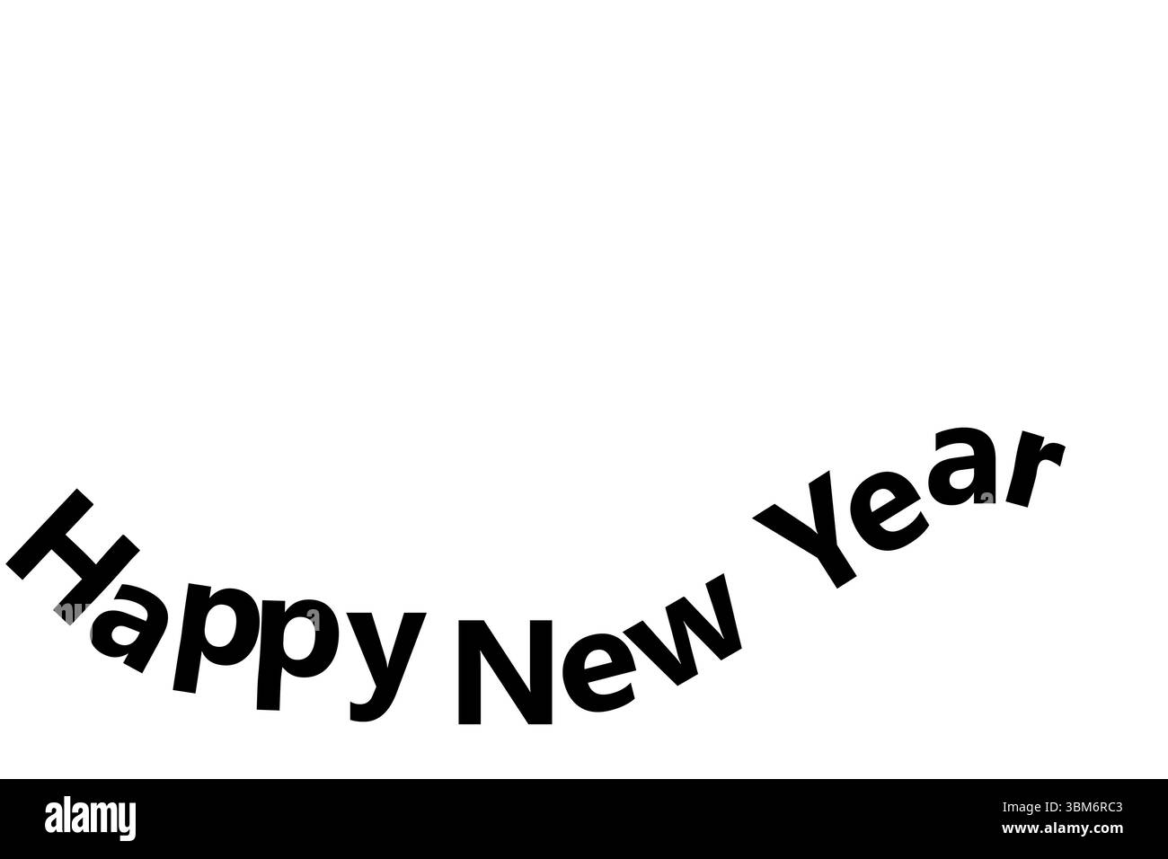 Affichage du texte incurvé noir Happy New Year sur fond blanc dans un style de conception plat, espace de copie Banque D'Images