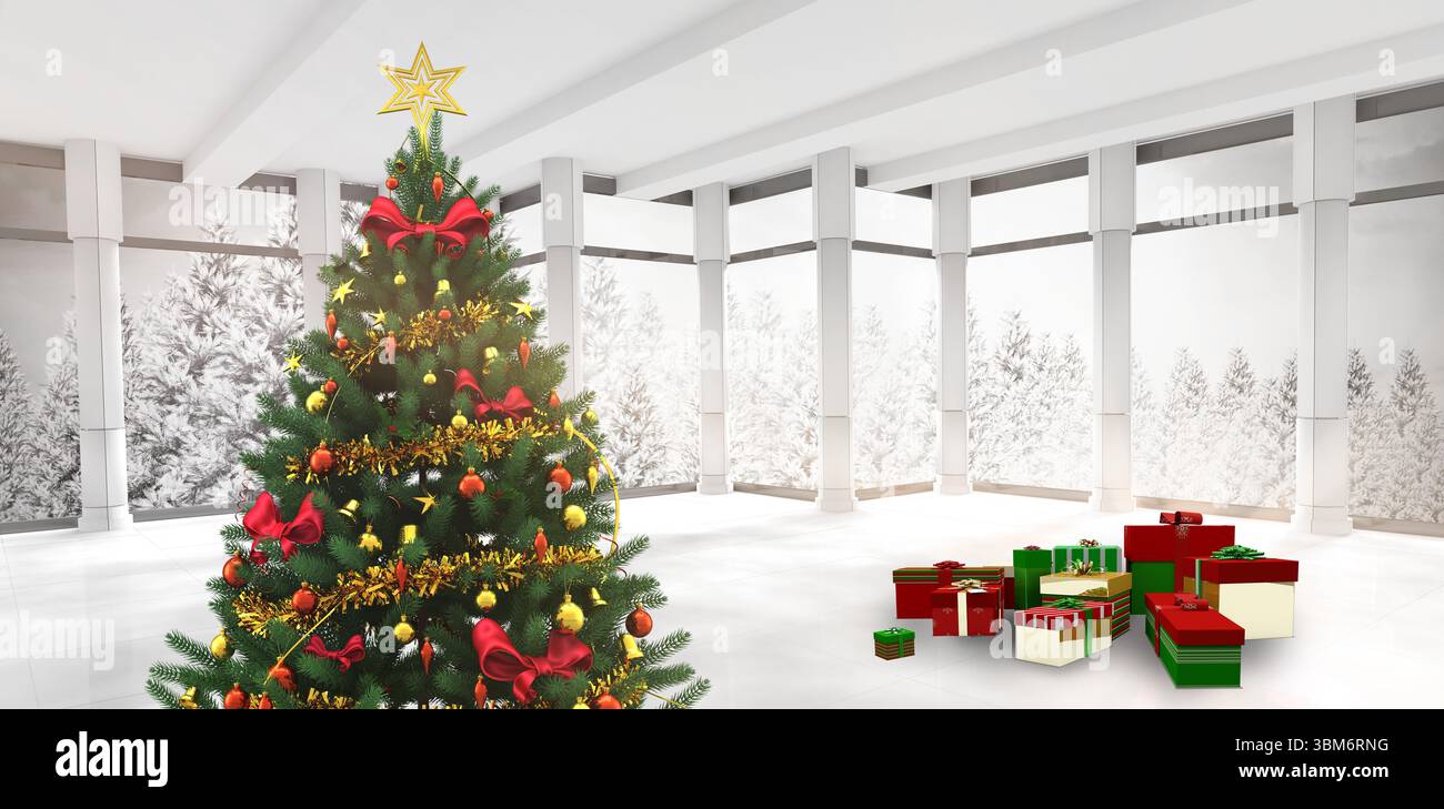 L'arbre de Noël de conception plate est debout dans le hall avec des panneaux de verre montrant la vue de la forêt, des cadeaux emballés Banque D'Images