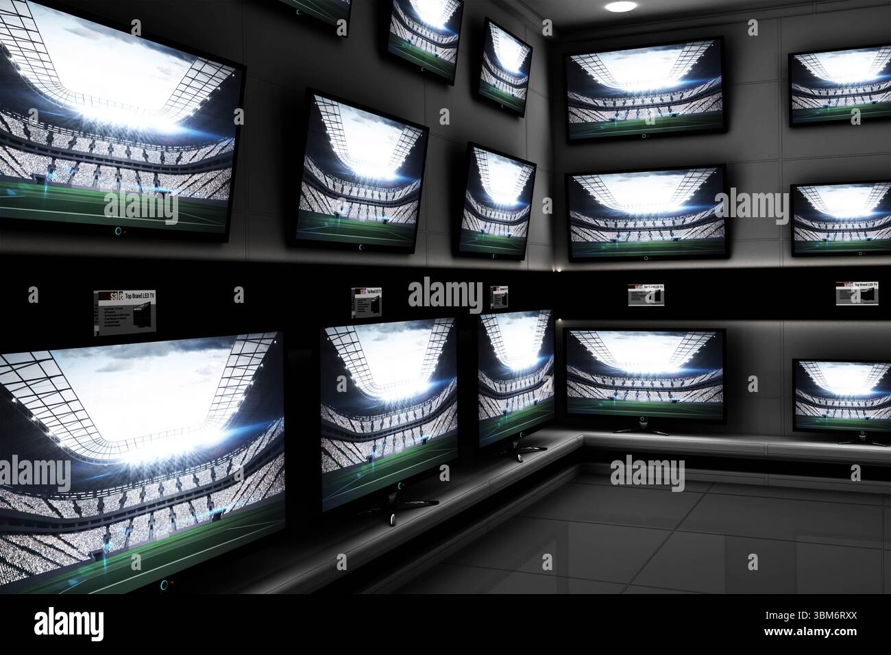 Des rangées de téléviseurs à écran plat fixés au mur remplissent la salle d'exposition d'un sol brillant Banque D'Images