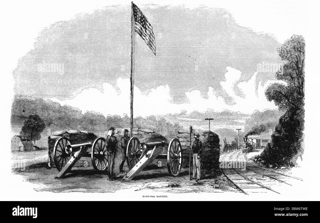 Gravure d'une batterie de sacs de sable pendant la guerre de Sécession Banque D'Images