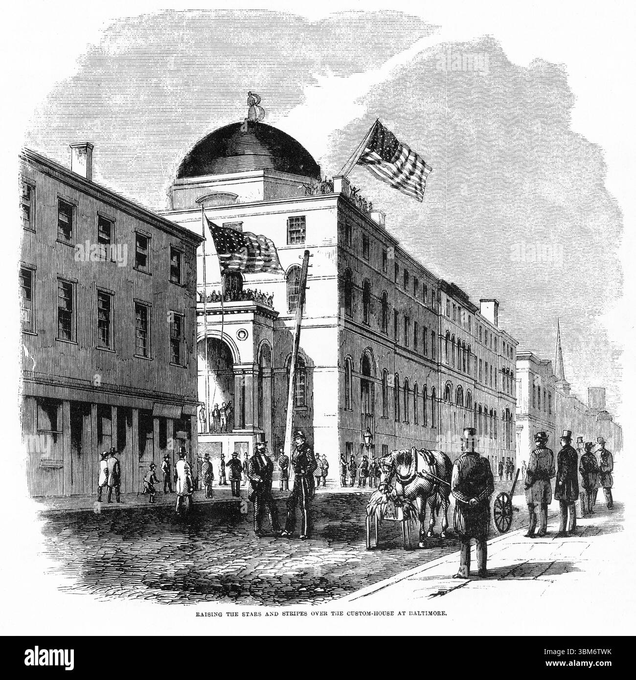 Gravure de l'élévation des étoiles et des rayures sur la maison de douane à Baltimore pendant la guerre de Sécession Banque D'Images