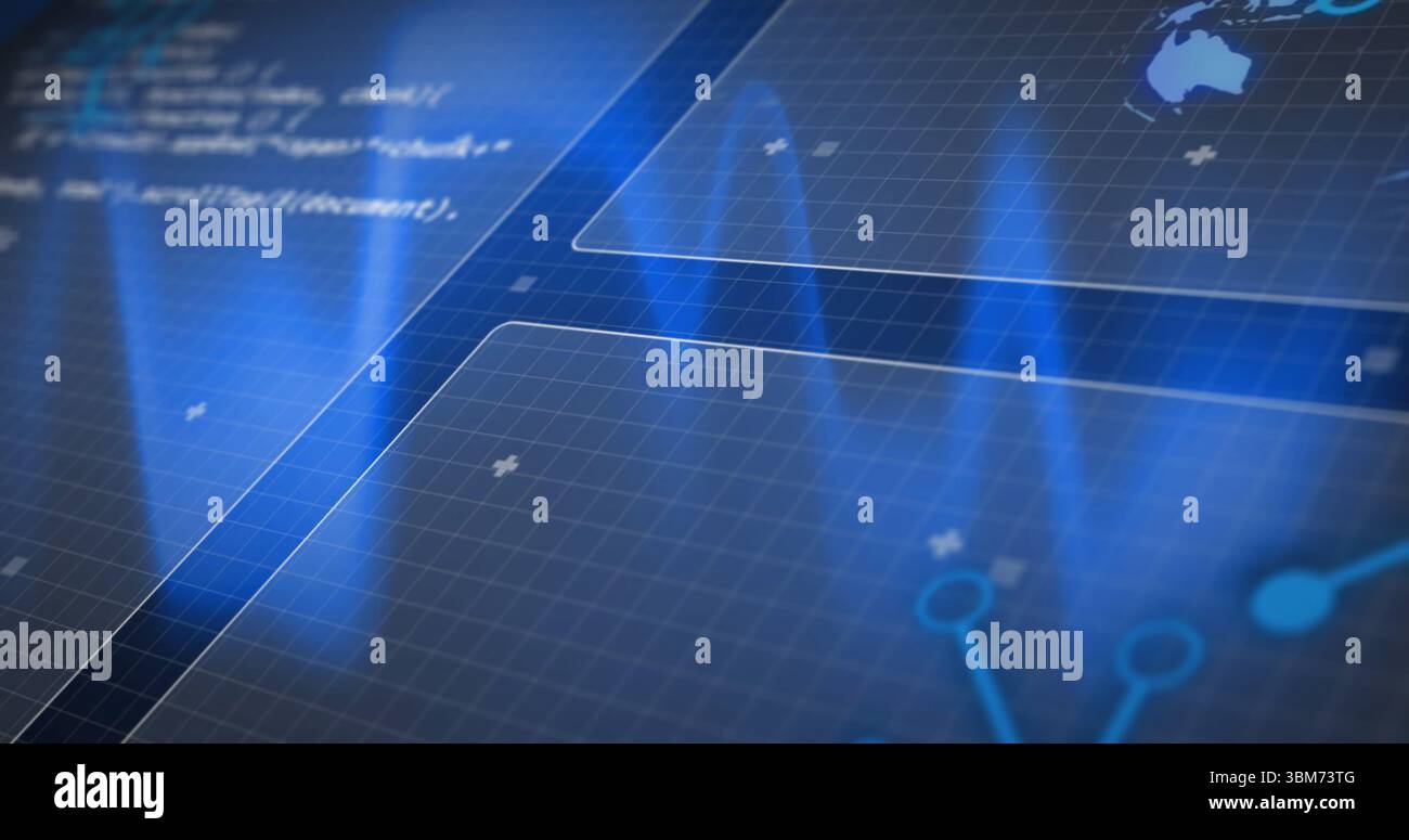 Affichage du panneau d'interface sur l'écran de l'ordinateur montrant la grille, le code plus les marqueurs et les nœuds de carte du monde. Futuriste, numérique, holographique, technologie, inter Banque D'Images