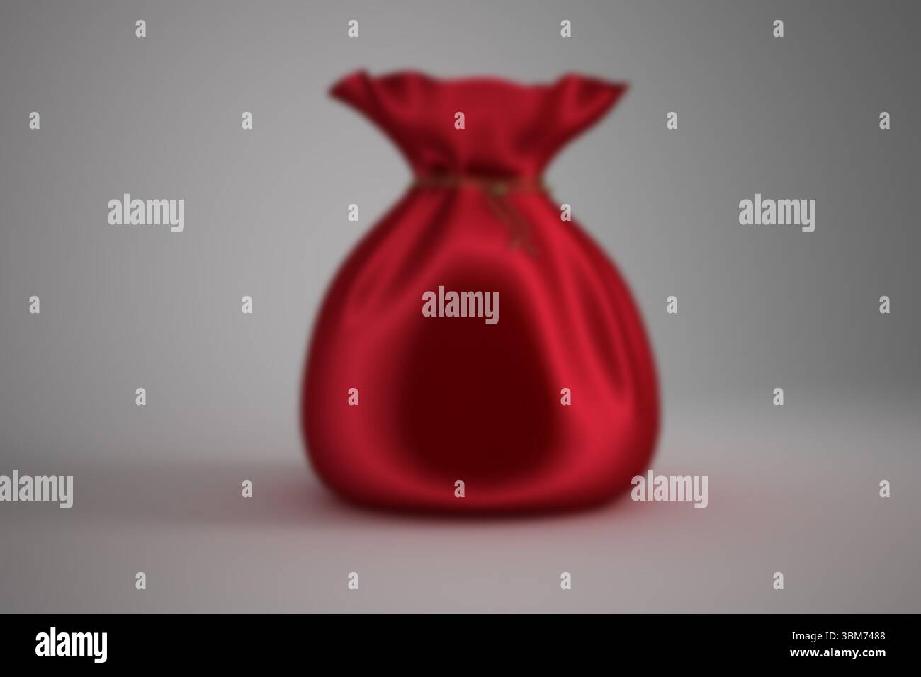 Le rendu 3D montre un sac de poche à cordon de serrage en velours rouge sur fond dégradé gris avec texture soyeuse Banque D'Images