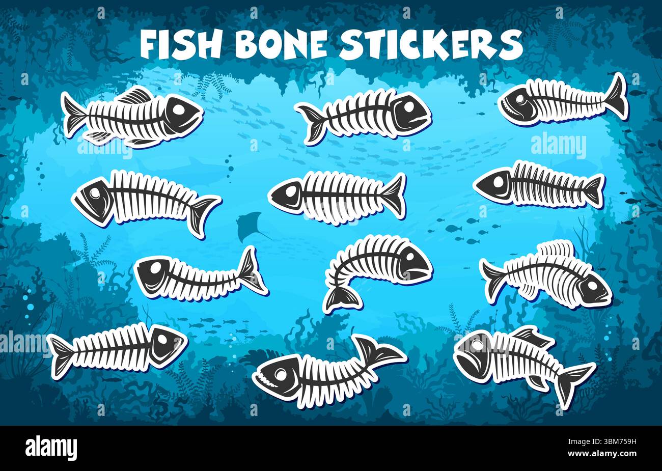 Paquet d'autocollants silhouettes squelette d'os de poisson. Animaux sous-marins morts, pêche et, collection d'autocollants vectoriels monochromes de déchets de fruits de mer. Ossements de squelette de poisson, algues océaniques et fond végétal d'algues Illustration de Vecteur