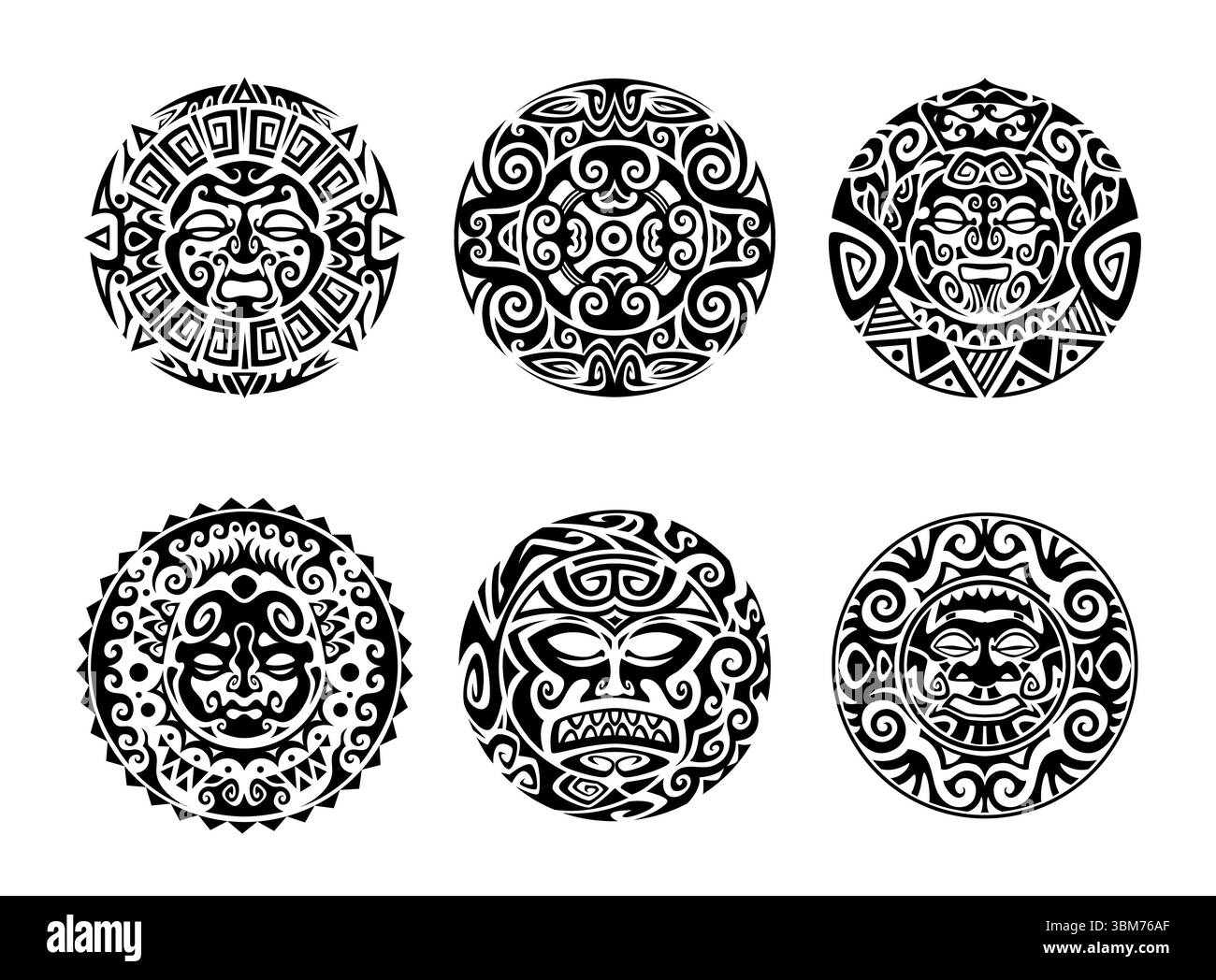 Tatouages tribaux maoris avec motif de cercle polynésien de soleil vecteur, masque totem hawaïen et visages ronds guerriers. Ornements ethniques polynésiens à motif géométrique circulaire, tatouages monochromes tribaux maoris Illustration de Vecteur