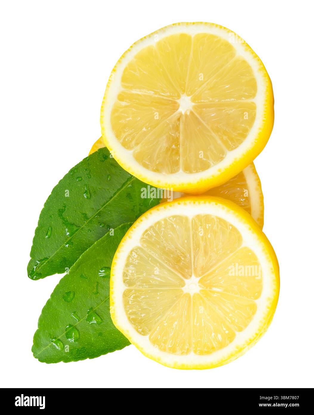 Vue de face de fruits de citron jaune mûr ou de tranches en trois cercles avec des feuilles vertes est isolé sur fond blanc avec chemin de découpage. Banque D'Images
