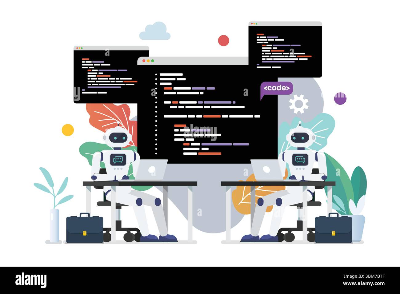 Programmeur androïdes écrivant du code sur ordinateur portable ensemble. Illustration vectorielle Illustration de Vecteur