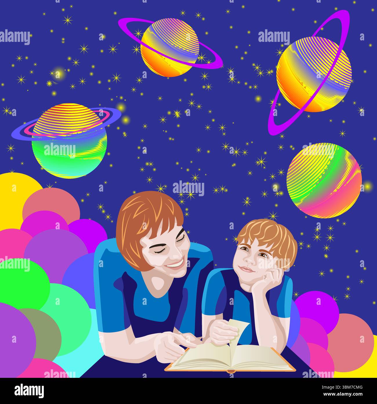 Mère et fils lisant livre. Ciel étoilé magique avec des planètes colorées. Journée internationale des amoureux du livre. Bannière. Illustration vectorielle isolée. Illustration de Vecteur