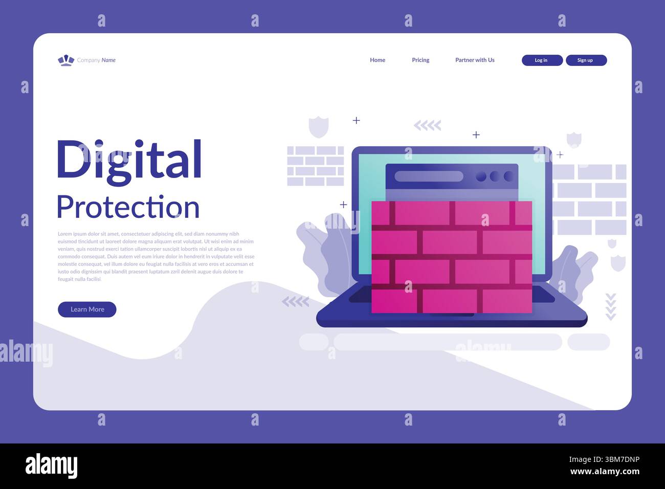 Illustration vectorielle d'une page Web de protection numérique avec pare-feu d'ordinateur portable, icônes de bouclier et design moderne violet-rose-bleu Illustration de Vecteur