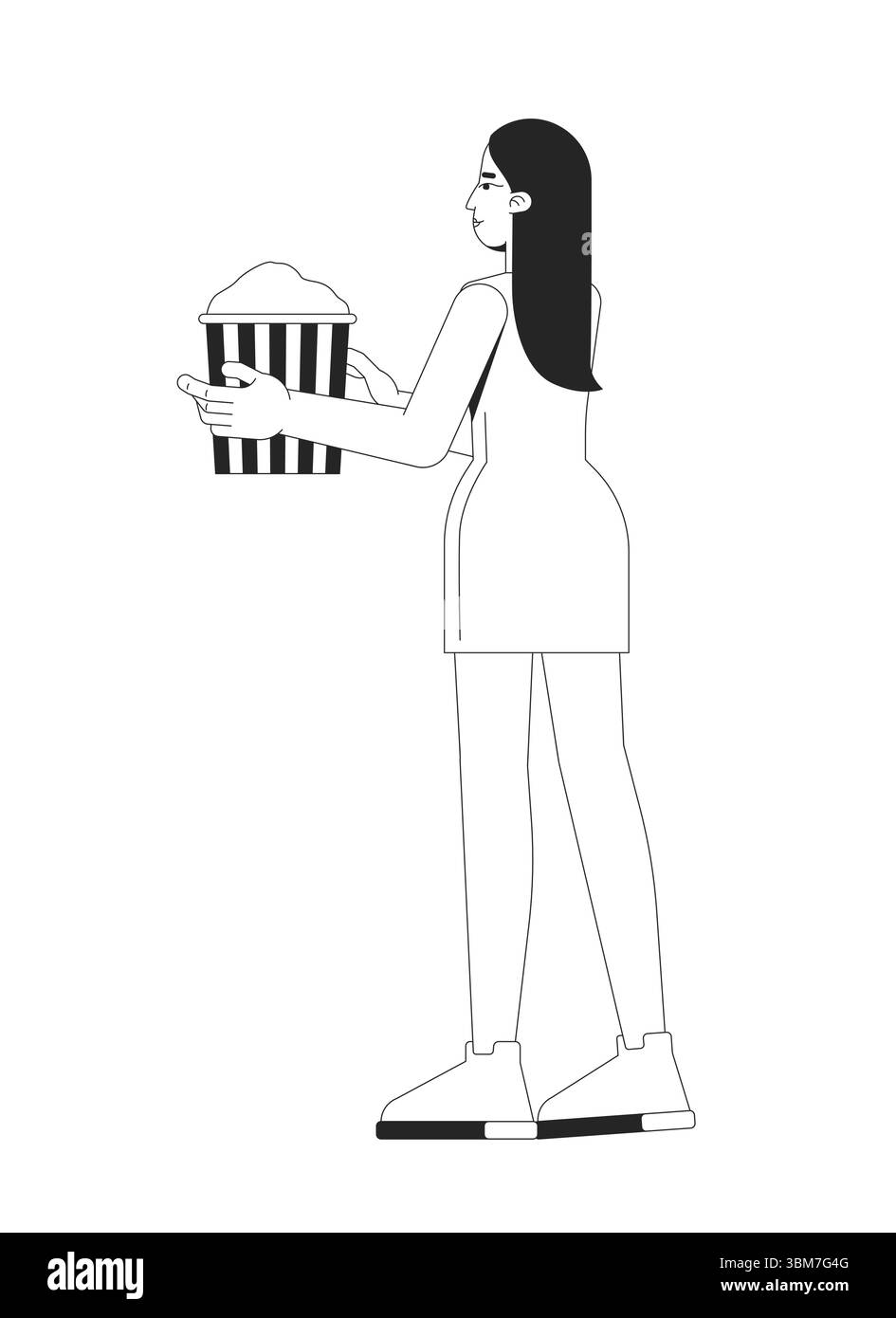 Femme asiatique aux cheveux longs en mini robe portant le seau de pop-corn caractère de ligne 2D. Illustration de Vecteur