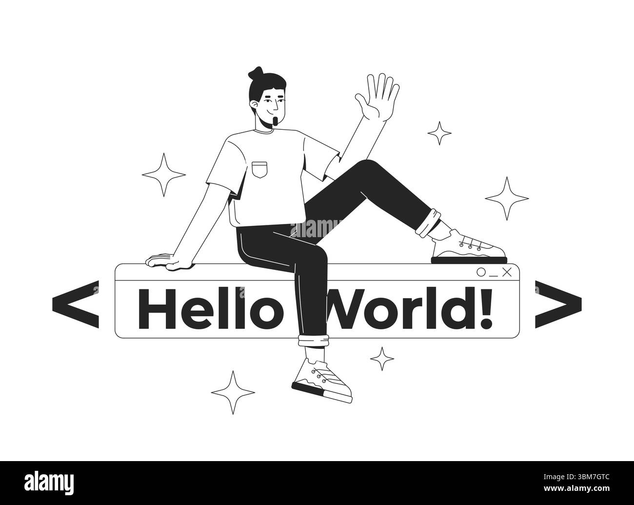 Développeur sur le concept d'illustration de ligne de bannière de texte Hello World Illustration de Vecteur